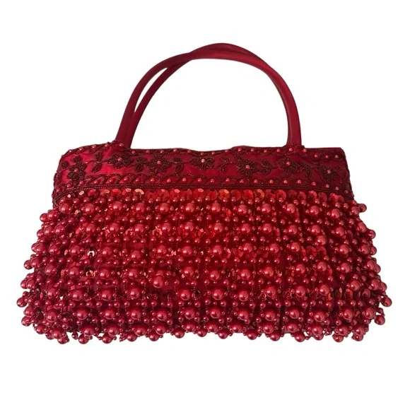 Vintage Red Beaded Evening Bag | Beaded Fringe Statement Purse - Picture 3 of 16